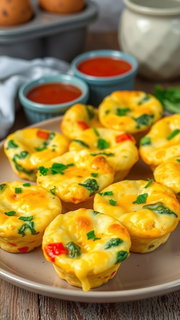 A plate of cheesy egg bites with vegetables, garnished with herbs, on a rustic kitchen table.